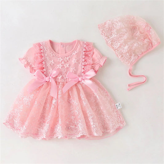 Newborn Baby Girl Dress Baptism Dress&Hat  Pink Christening Dress For Baby Girl Lace Vestidos Bebe Robe Bapteme 3 6 9 18Months