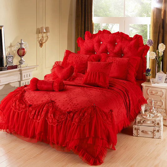 Removable Lace Princess Bedding Set Luxury Red Jacquard Satin Cotton Duvet Cover Bed Skirt Pillowcase Solid Color Bed Sets