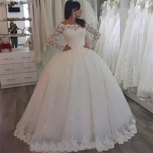 Customized Ball Gown Lace Applique Floor-length Zipper Bridal Custom Long Sleeve Bateay Sheer Neck Wedding Dresses