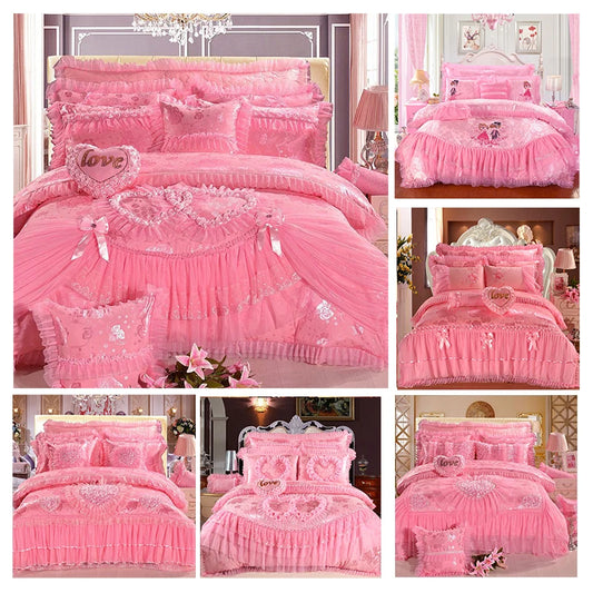 Wholesale Luxury 100% Cotton Duvet Cover Embroidered Bedding Set with Lace Pink Color Bed Sheet Wedding Bedding Sets