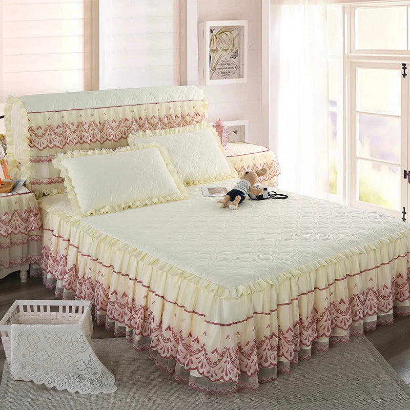 New White Pink Lace Bed Skirt Romantic Flower Pattern Polyester Ruffled Bedspreads Bed Skirt Queen Covers Sheet Home Room Decor