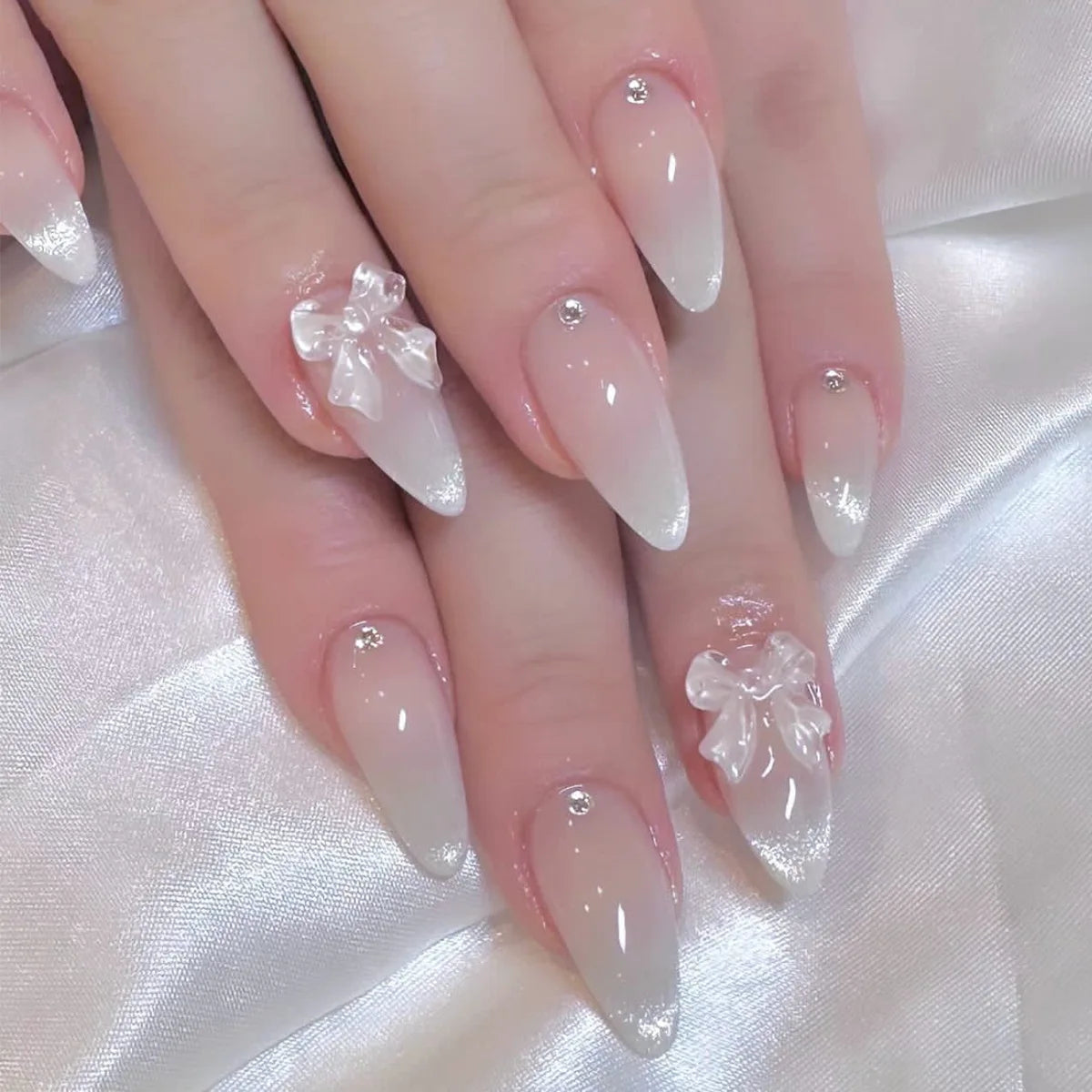24pcs 3D Pinkish Bow Press On Nails Short Square Fake Nails White French Tip Ballerina Acrylic Nails With Pearl Design For Women