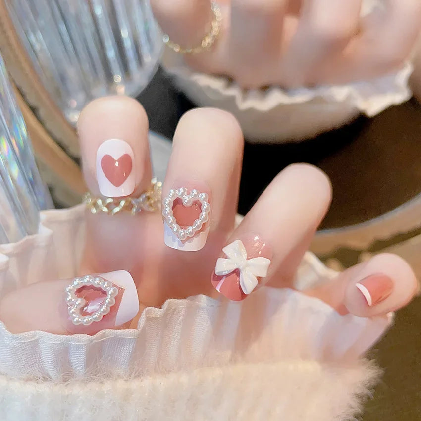 24pcs 3D Pinkish Bow Press On Nails Short Square Fake Nails White French Tip Ballerina Acrylic Nails With Pearl Design For Women