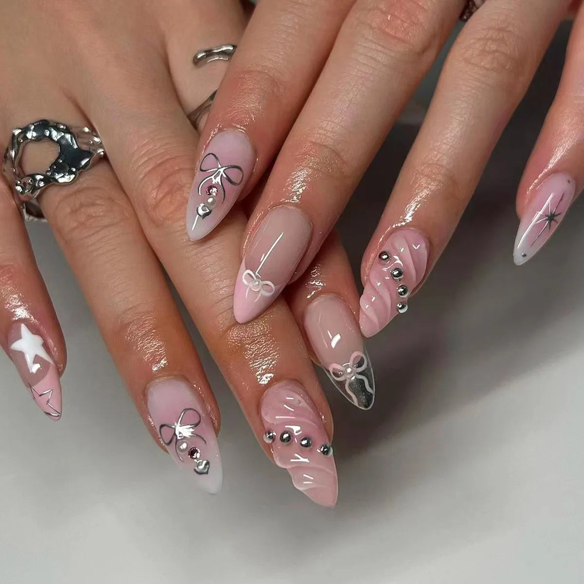 24pcs 3D Pinkish Bow Press On Nails Short Square Fake Nails White French Tip Ballerina Acrylic Nails With Pearl Design For Women