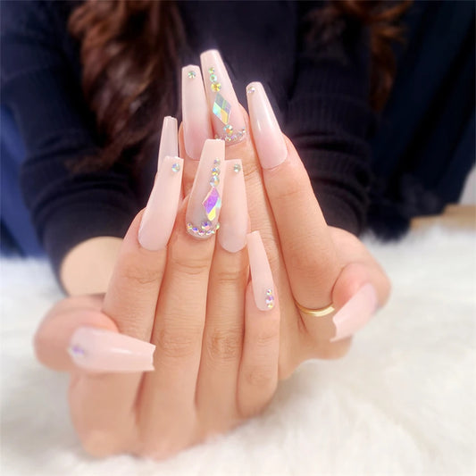 24Pc/Lot Pale Pink Extra Long Ballet Fake Nails Girls with Diamonds Full Cover Acrylic Press on Nail Tips Wearing Fake Nails Art