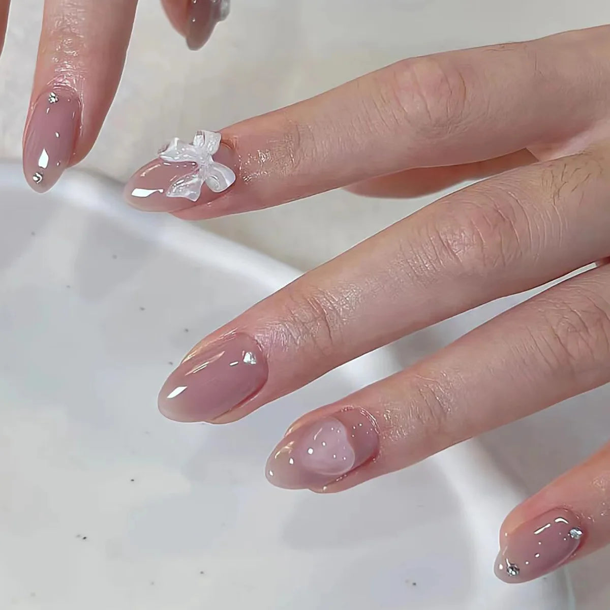 24pcs 3D Pinkish Bow Press On Nails Short Square Fake Nails White French Tip Ballerina Acrylic Nails With Pearl Design For Women