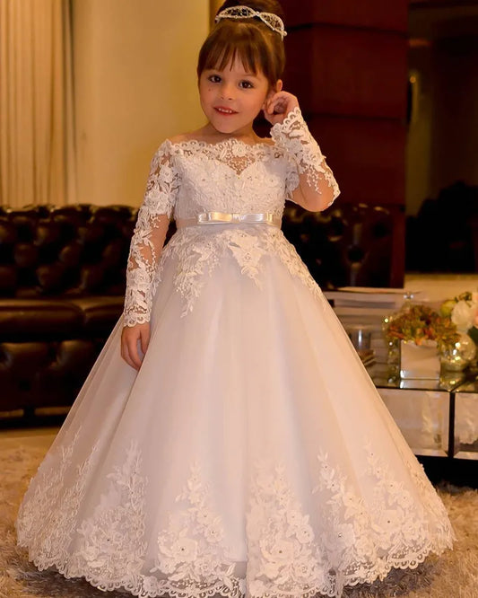 Flower Girl Dress White Tulle Lace Long Sleeve Bow Belt Wedding Elegant Flower Child's First Eucharistic Birthday Party Dress