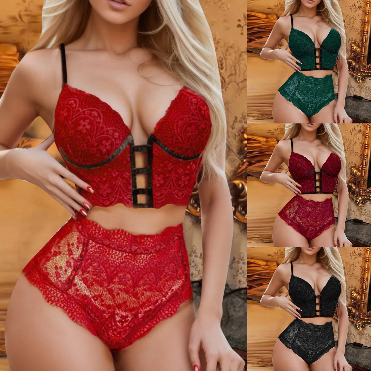 Hot Erotic Lingerie Set For Women Floral Lace Sexy Bandage Lace Wireless Bra And Thong Set Hollow Sexy Crop Tops Boudoir Outfits
