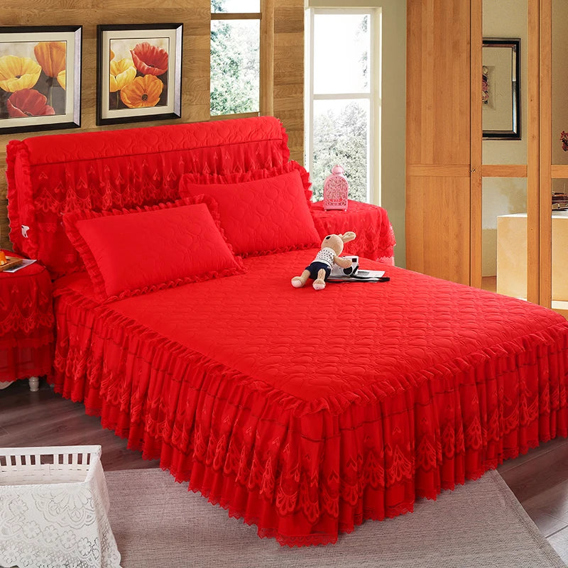 New White Pink Lace Bed Skirt Romantic Flower Pattern Polyester Ruffled Bedspreads Bed Skirt Queen Covers Sheet Home Room Decor