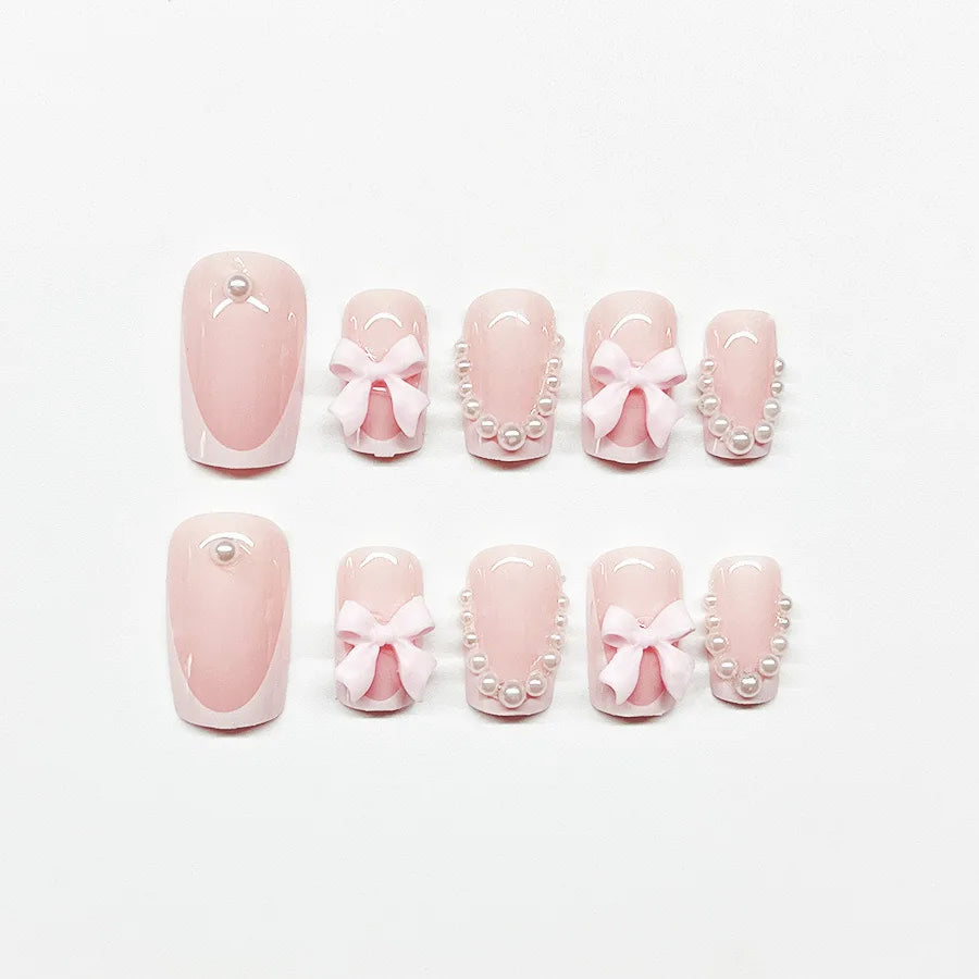 24pcs 3D Pinkish Bow Press On Nails Short Square Fake Nails White French Tip Ballerina Acrylic Nails With Pearl Design For Women
