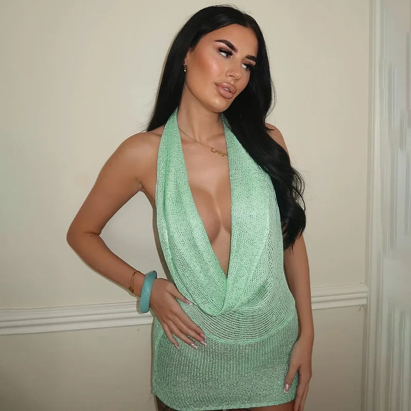 Nsauye 2025 Mini Halter Beach Holiday Sexy Knitted Fashion Night Club Elegant Dress Women Summer Clothes Evening Party Dress
