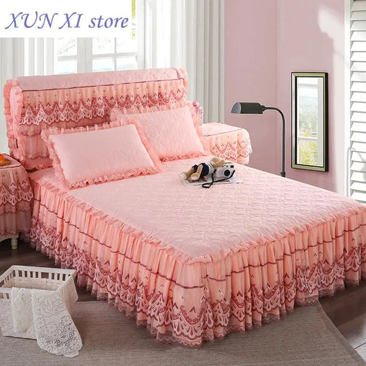 New White Pink Lace Bed Skirt Romantic Flower Pattern Polyester Ruffled Bedspreads Bed Skirt Queen Covers Sheet Home Room Decor