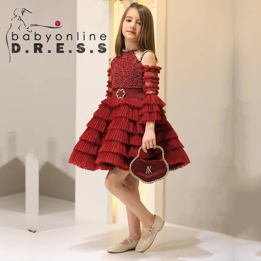 BABYONLINE Customized Off-swholder Communion Dress Halter-neckline Rhinestone Stones Cake Tiered A-line Skirt Gown Fomral Clotes