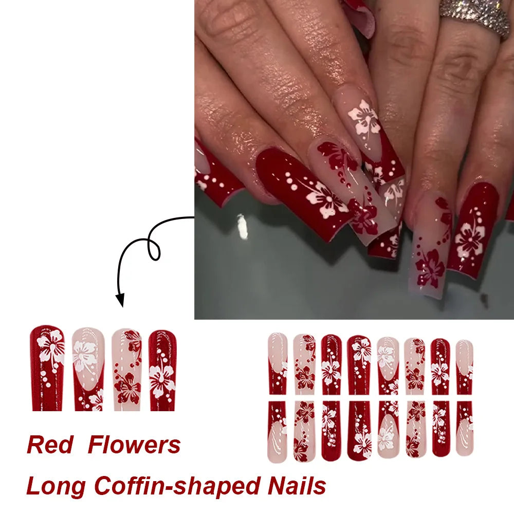 24Pcs French Flower Press on Nails Glitter Gradient False Nails Diamond Heart Acrylic Nails Long Coffin Sweet Cool Fake Nail Tip