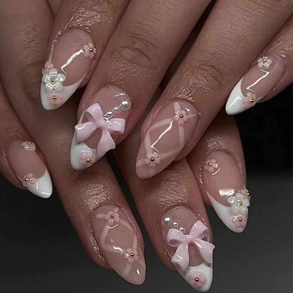 24pcs 3D Pinkish Bow Press On Nails Short Square Fake Nails White French Tip Ballerina Acrylic Nails With Pearl Design For Women