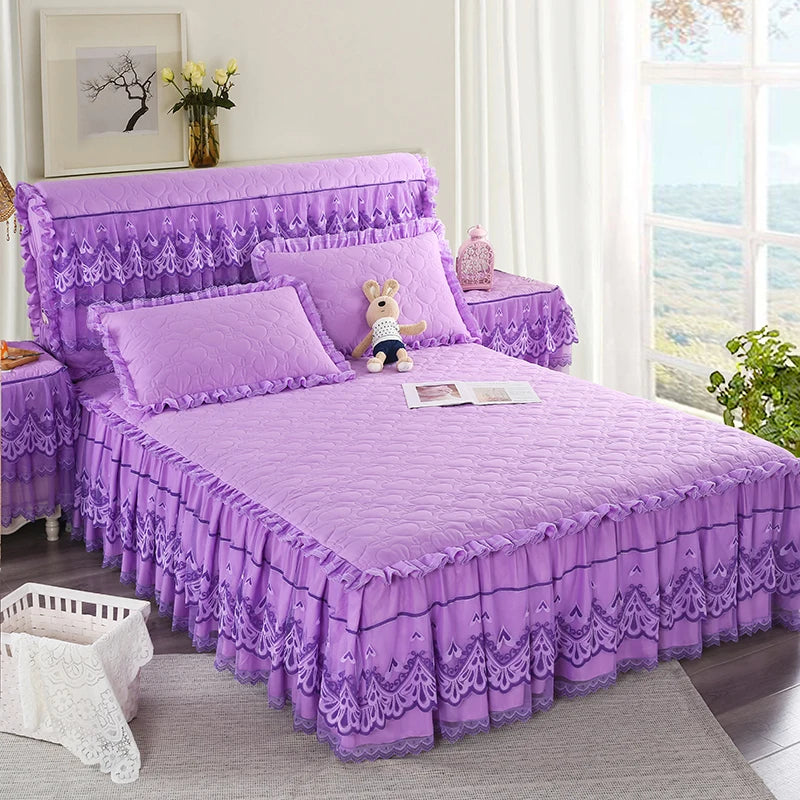 New White Pink Lace Bed Skirt Romantic Flower Pattern Polyester Ruffled Bedspreads Bed Skirt Queen Covers Sheet Home Room Decor
