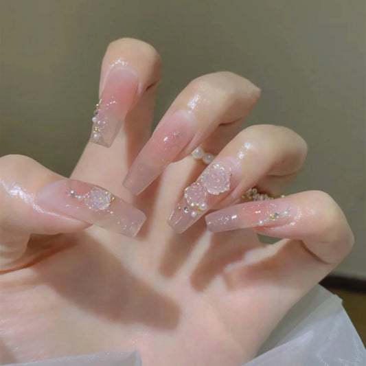 24pcs Powder Blusher Candy Long T Wearing Reusable False Nails Full Cover Artificial Press On Fake Nails Art Women Decoration