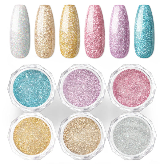 Nail Acrylic Powder Set 6pcs Glitter Aurora Gel Nail U V Manicure Dip Extension Nail Powder Glitter Nails Manicure for Girls
