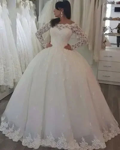 Customized Long Sleeves Ivory Lace Wedding Dresses Ball Gown Bridal Custom Plus Size Dress