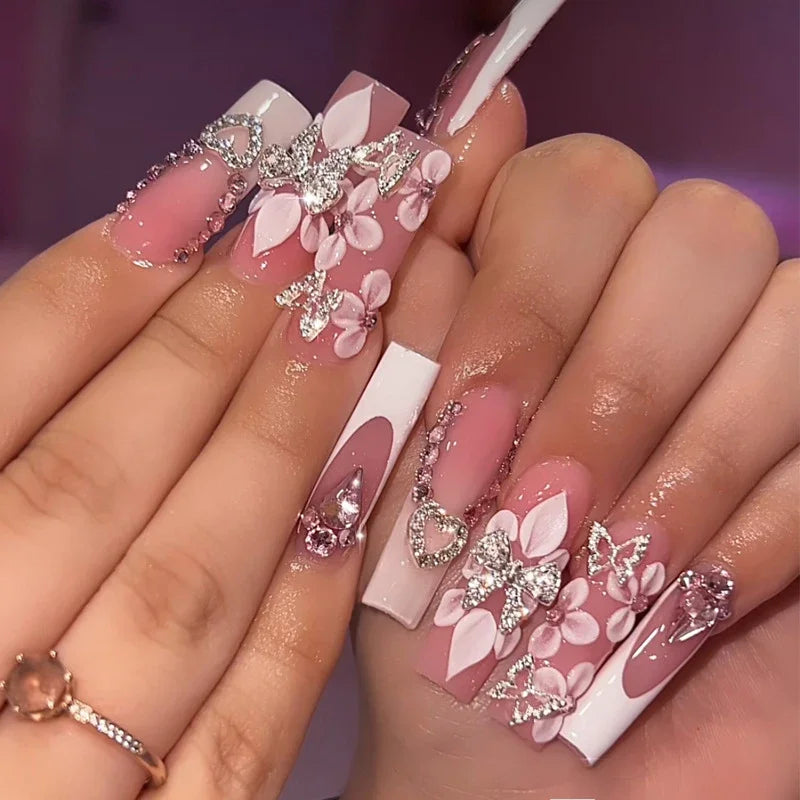 24Pcs French Flower Press on Nails Glitter Gradient False Nails Diamond Heart Acrylic Nails Long Coffin Sweet Cool Fake Nail Tip