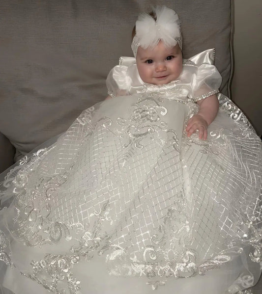 White Satin Christening Gowns for Baby Lace Tiered First Communion Dresses with Bow Luxury Infant Toddler Girls Baptism Dresses