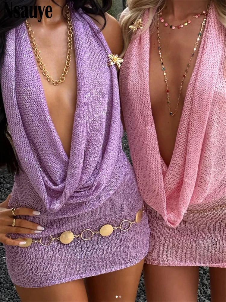Nsauye 2025 Mini Halter Beach Holiday Sexy Knitted Fashion Night Club Elegant Dress Women Summer Clothes Evening Party Dress