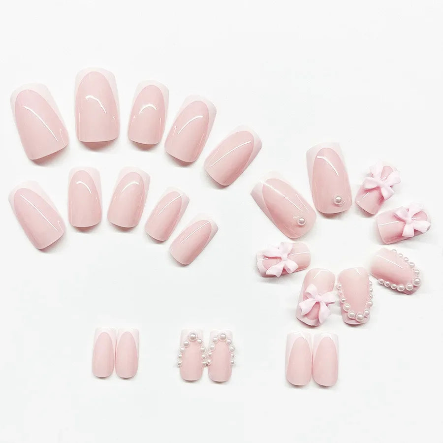 24pcs 3D Pinkish Bow Press On Nails Short Square Fake Nails White French Tip Ballerina Acrylic Nails With Pearl Design For Women