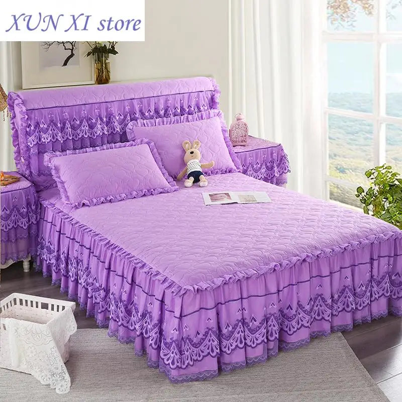 New White Pink Lace Bed Skirt Romantic Flower Pattern Polyester Ruffled Bedspreads Bed Skirt Queen Covers Sheet Home Room Decor