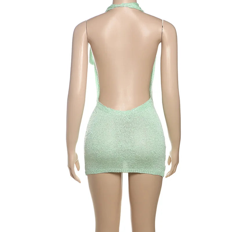 Nsauye 2025 Mini Halter Beach Holiday Sexy Knitted Fashion Night Club Elegant Dress Women Summer Clothes Evening Party Dress
