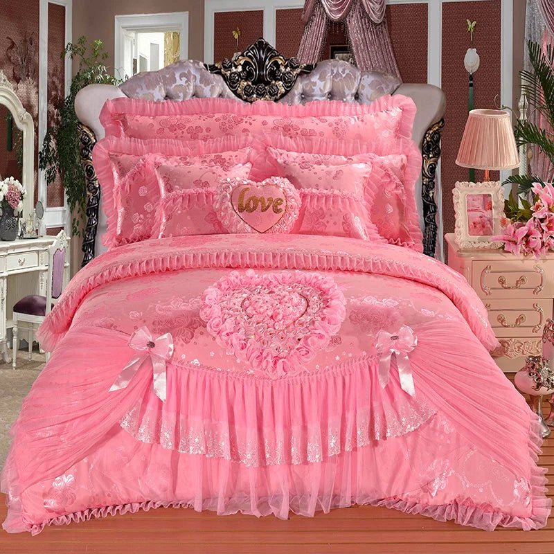 Pink Jacquard Satin Cotton Bedding Set, Luxury Princess Lace Embroidery Duvet Cover Sets, Bed Sheet, Pillowcases, Home Textile
