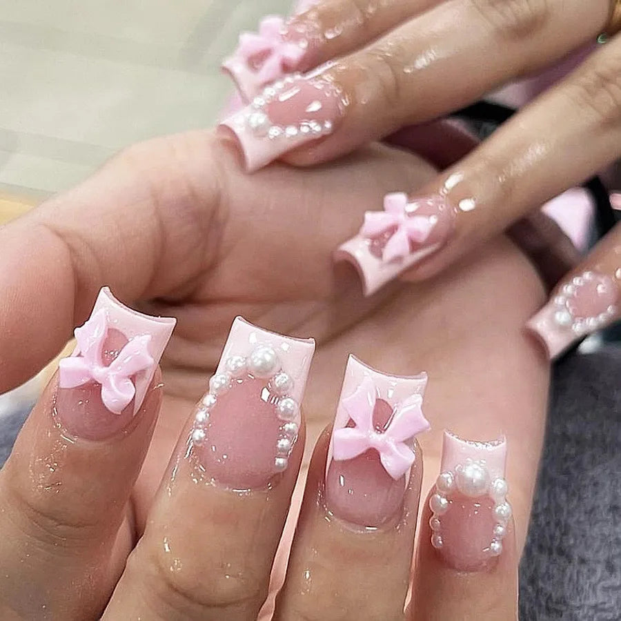 24pcs 3D Pinkish Bow Press On Nails Short Square Fake Nails White French Tip Ballerina Acrylic Nails With Pearl Design For Women