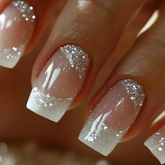 Short Square Coffin False Nails Square Fake Nails with Glue French Glitter Wearable Acrylic Nails Set Press on Nail Tips