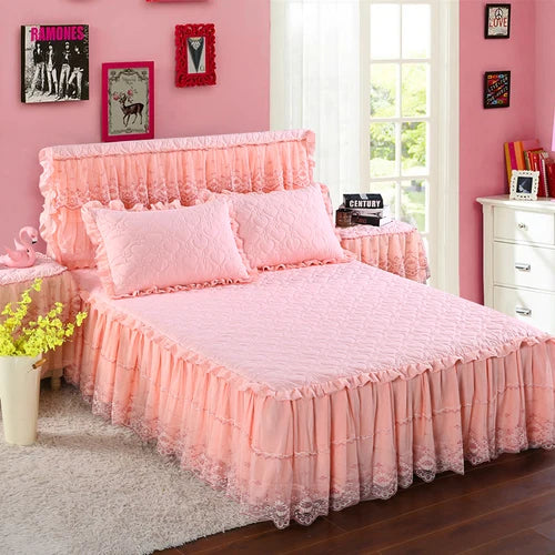 New White Pink Lace Bed Skirt Romantic Flower Pattern Polyester Ruffled Bedspreads Bed Skirt Queen Covers Sheet Home Room Decor