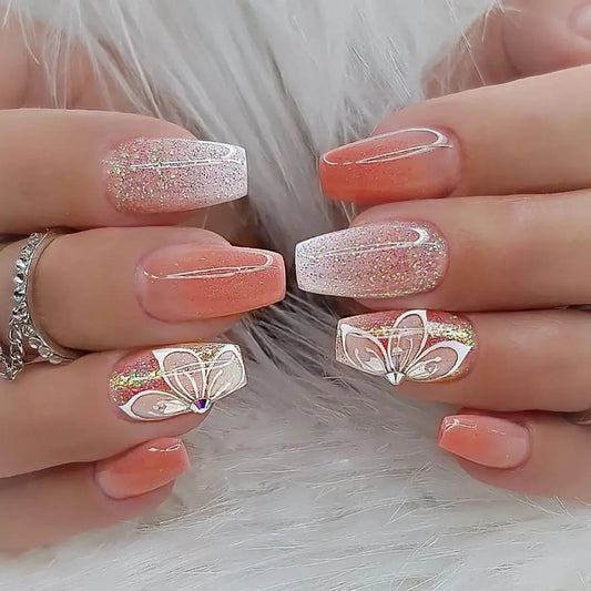 French Sweet Style Rhinestone Fake Nails Medium Length False Nail Women Fashion Acrylic Nails Tips Full Cover Press on Nails