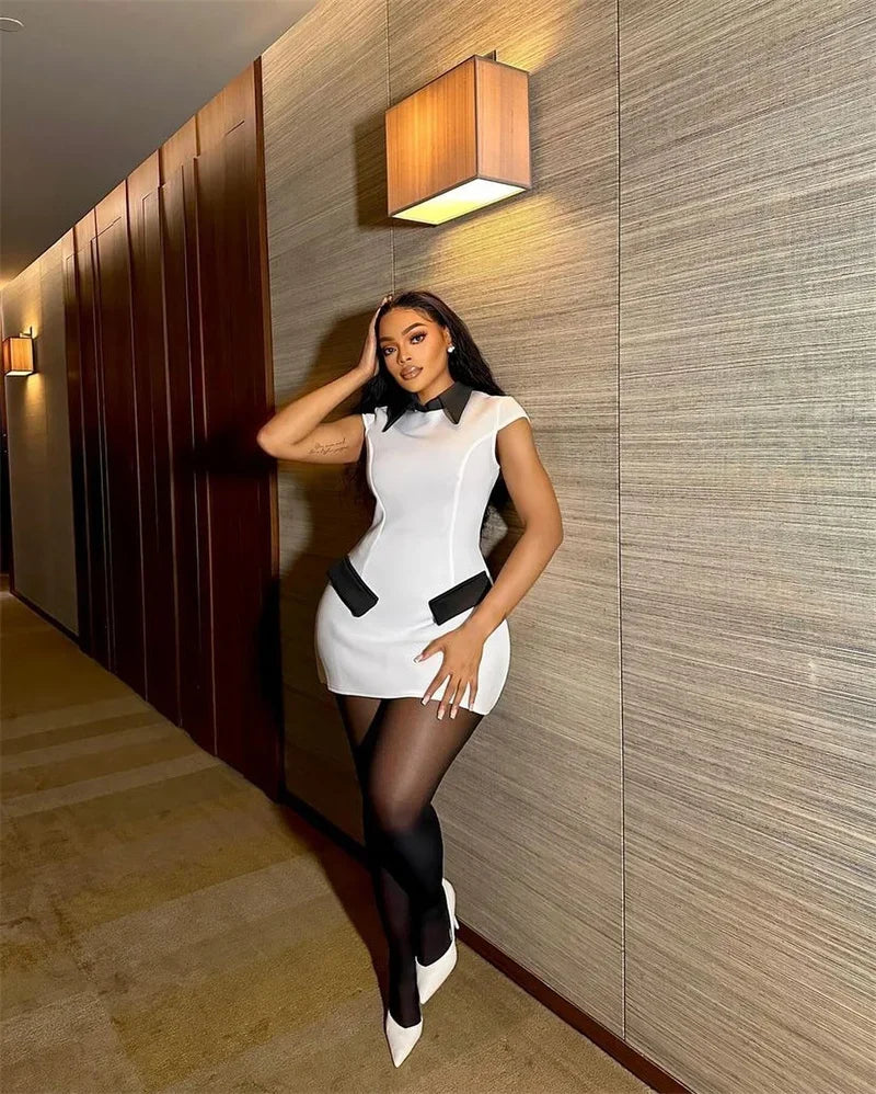 Elegant Fashion A-line Mini Dress Women Peter Pan Collar Cap Sleeve Pockets Patchwork Sheath High Waist Party Club Short Dresses