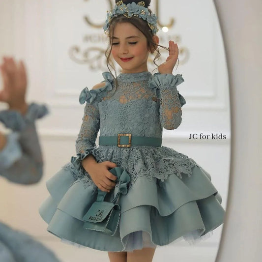 Flower Girl Dress Hollow V-neck Back Beaded Lace Button Baby Girl Birthday Wedding Princess Party First Communion Gown