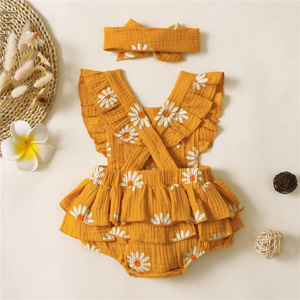 Infant Baby Girl Romper Clothes Ruffle Sleeveless Newborn Bodysuit with Headband Summer Jumpsuit Fashion Toddler Outfit Suit