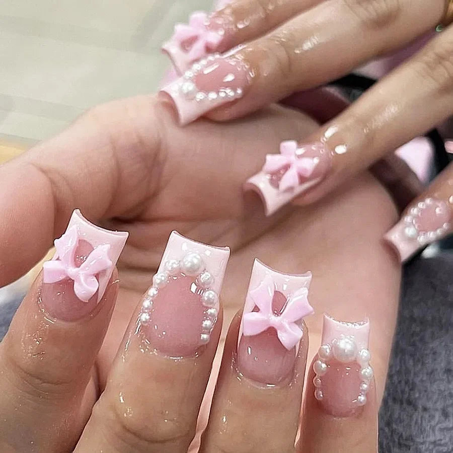 24pcs 3D Pinkish Bow Press On Nails Short Square Fake Nails White French Tip Ballerina Acrylic Nails With Pearl Design For Women