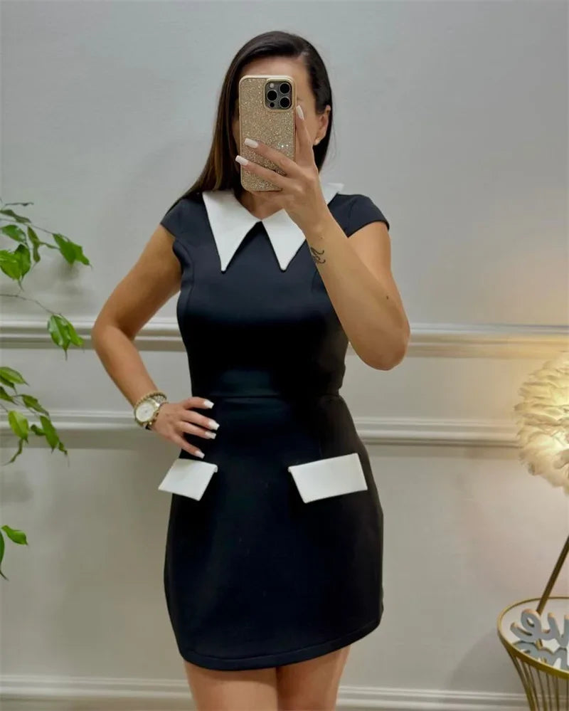 Elegant Fashion A-line Mini Dress Women Peter Pan Collar Cap Sleeve Pockets Patchwork Sheath High Waist Party Club Short Dresses