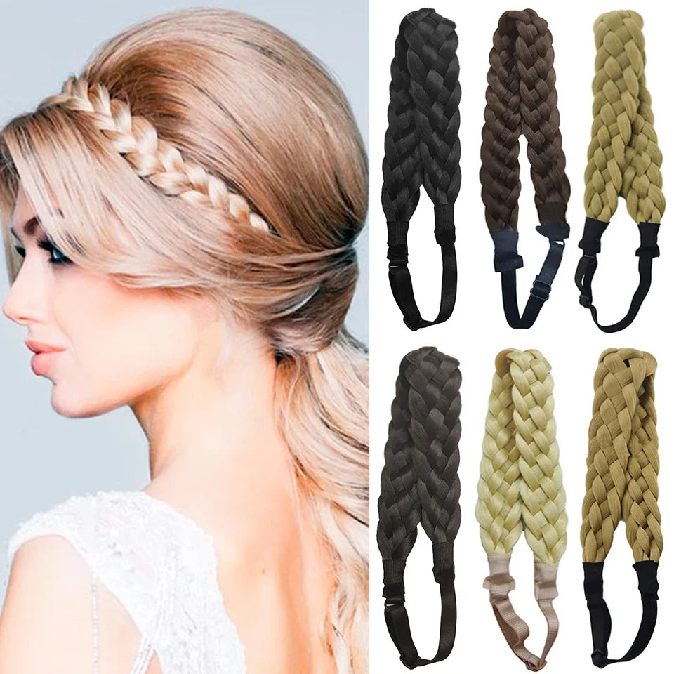 Braids Twist Elastic Hair Headband With Adjustable Wide Belt Synthetic Woman Black Gold Hair Style Braided Headband Hairpiece
