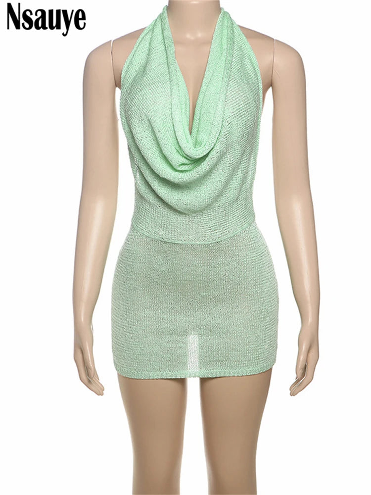 Nsauye 2025 Mini Halter Beach Holiday Sexy Knitted Fashion Night Club Elegant Dress Women Summer Clothes Evening Party Dress